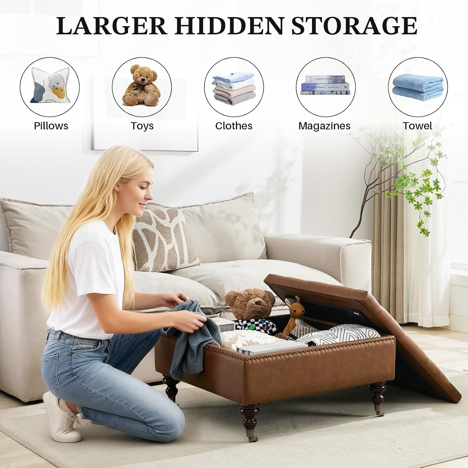 Square Storage Ottoman Coffee Table Tufted Upholstered Large Ottoman with Storage with Rolling Wheels Oversized Footrest Ottomans for Living Room, Brown Faux Leather