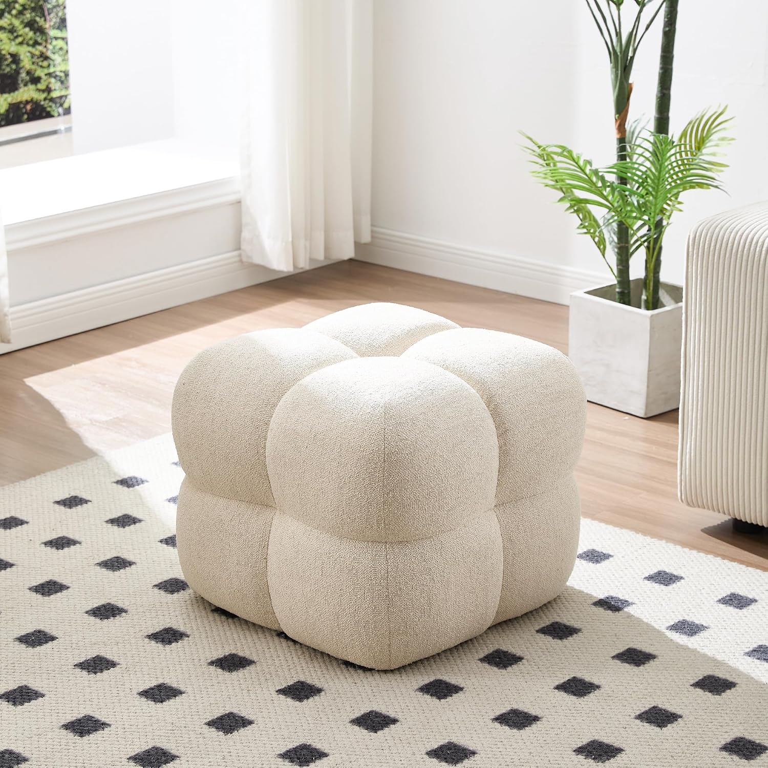 Zesthouse Square Pouf Ottomans Footstool set of 2, Upholstered Poofy Ottoman for Couch Sofa, Modern Ottoman Coffee Table for Living Room, Beige Linen Fabric Stool Foot Rest, Cute Vanity Chair Backless