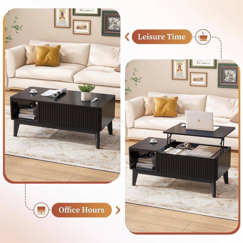 LYNCOHOME Fluted Coffee Table with Hidden Compartment, Wood Lift Top Coffee Tables, Modern Center Table for Living Room, Home Office, Black