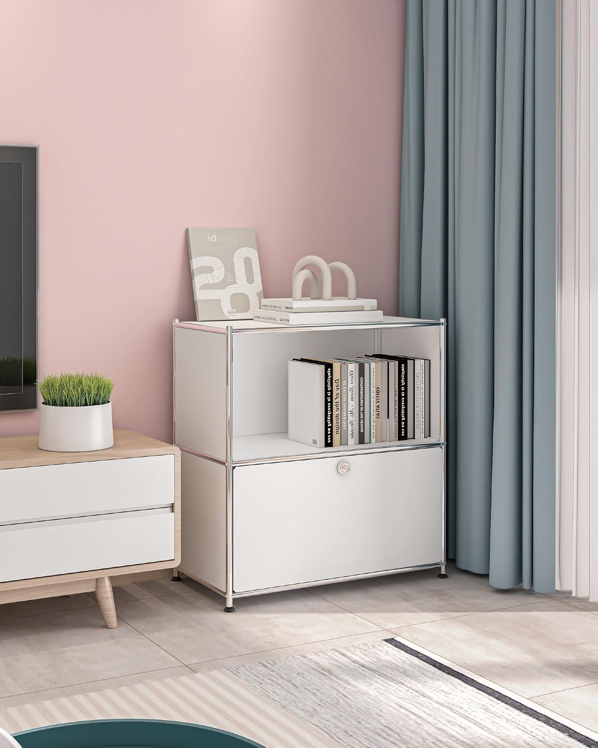 32.5-Inch Flip-Top Storage Cabinet with Detachable Wheels, Metal Side Table and Small Sideboard Cabinet for Living Room, Bedroom, Office, Orange