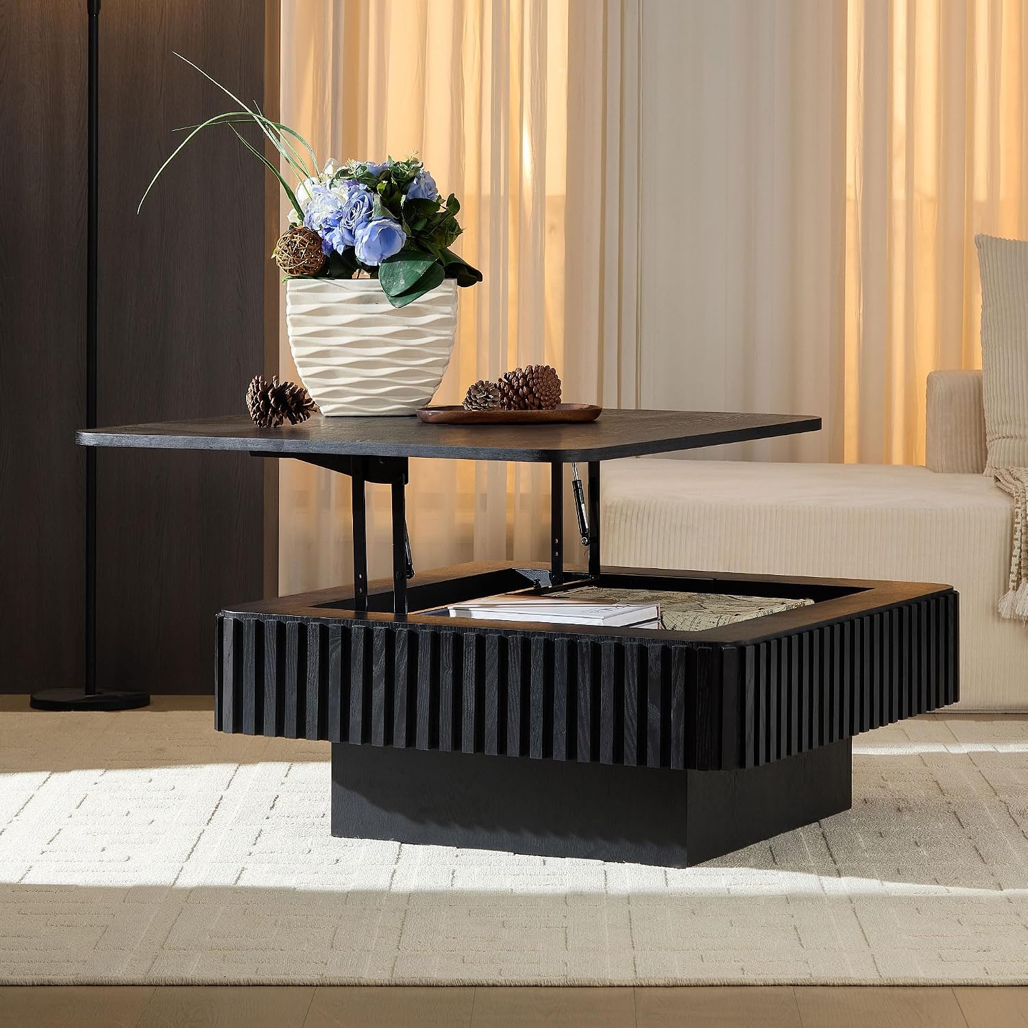 KEIKI 35' Handcraft Drum Square Lift-up Wooden Coffee Table with Sturdy Pedestal & Lift Top Table, Solid Wood Coffee Table with Hidden Storage, Easy Assembly, for Living Room, Reception Room, Black