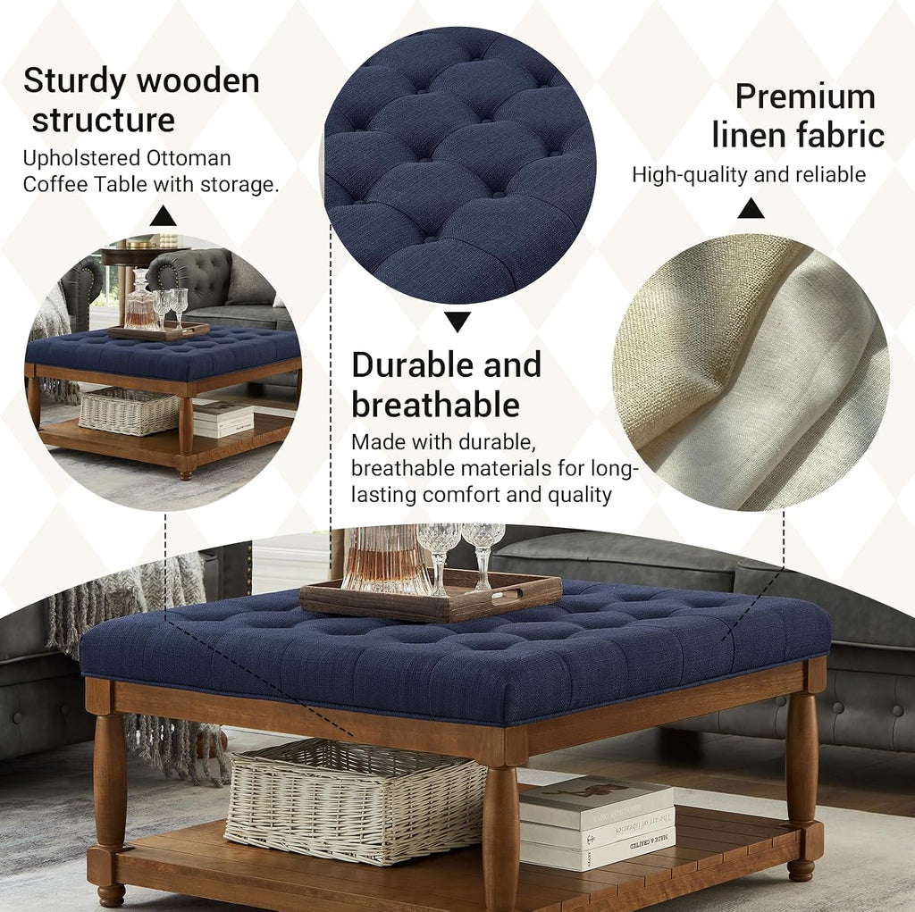 Ottoman Coffee Table, Upholstered Square Coffee Table with Storage Solid Wood Shelf, Linen Large Footrest Ottoman Pouf for Living Room, Navy Blue