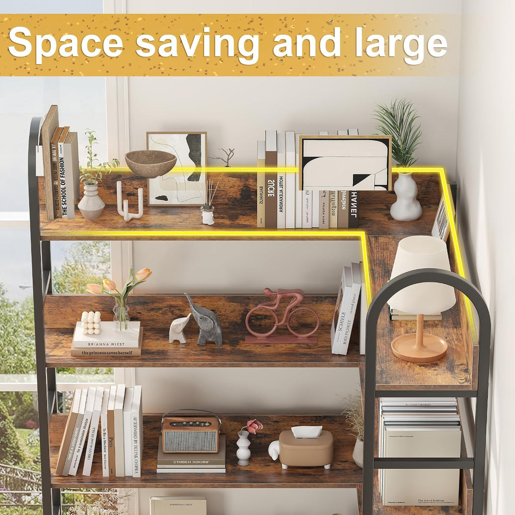 5 Tiers Tall Corner Bookshelf, Large Heavy Duty Industrial Corner Bookcase with Metal Frame, L Shaped Bookshelves and Bookcases Etagere Bookcase Display Storage Shelves for Living Room, Brown