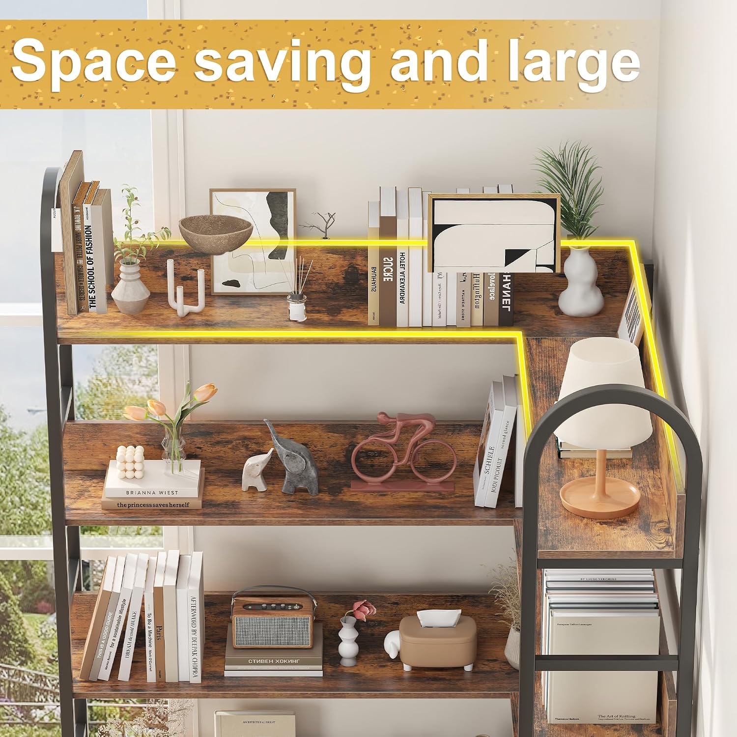 5 Tiers Tall Corner Bookshelf, Large Heavy Duty Industrial Corner Bookcase with Metal Frame, L Shaped Bookshelves and Bookcases Etagere Bookcase Display Storage Shelves for Living Room, Brown