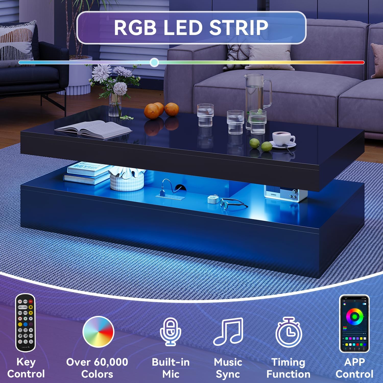 4-Piece Modern Living Room Table Set, Includes High Gloss 70' Fireplace TV Stand, 47' LED Coffee Table and 15' End Tables Set of 2 with Storage Drawers, Black