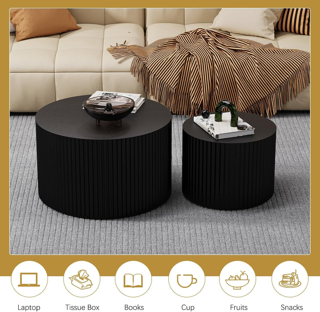 Round Coffee Table Set of 2 Modern Nesting Coffee Tables Wooden Drum Coffee Tables with Non-Slip Feet, Circle Nesting Tables End Table for Living Room Office, No Assembly (Black 18.9'+14.96')
