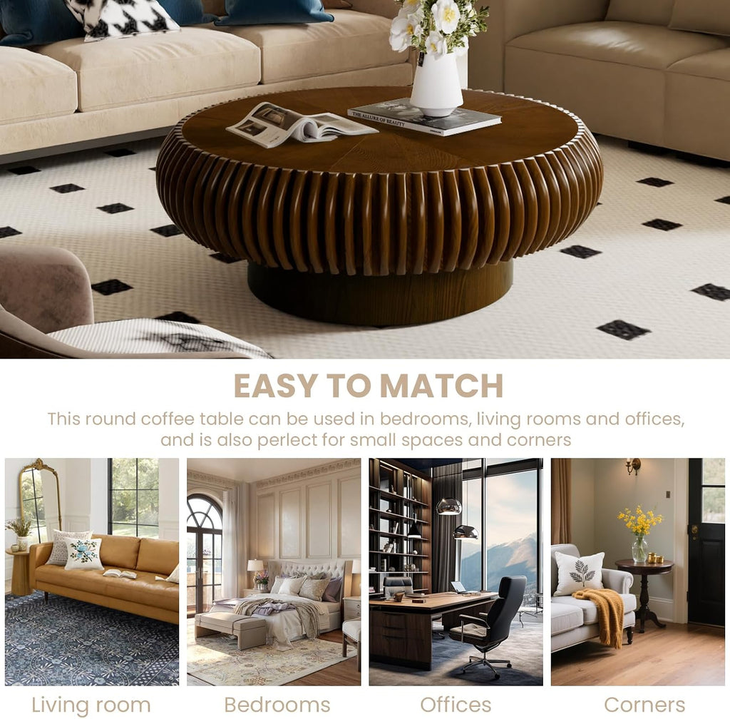 Fluted Drum Coffee Table Round Coffee Table for Living Room Mid Century Modern Coffee Tables with Sturdy Pedestal Circle Center Tea Table Accent Tea Table for Small Space Apartment (31.5' Walnut)