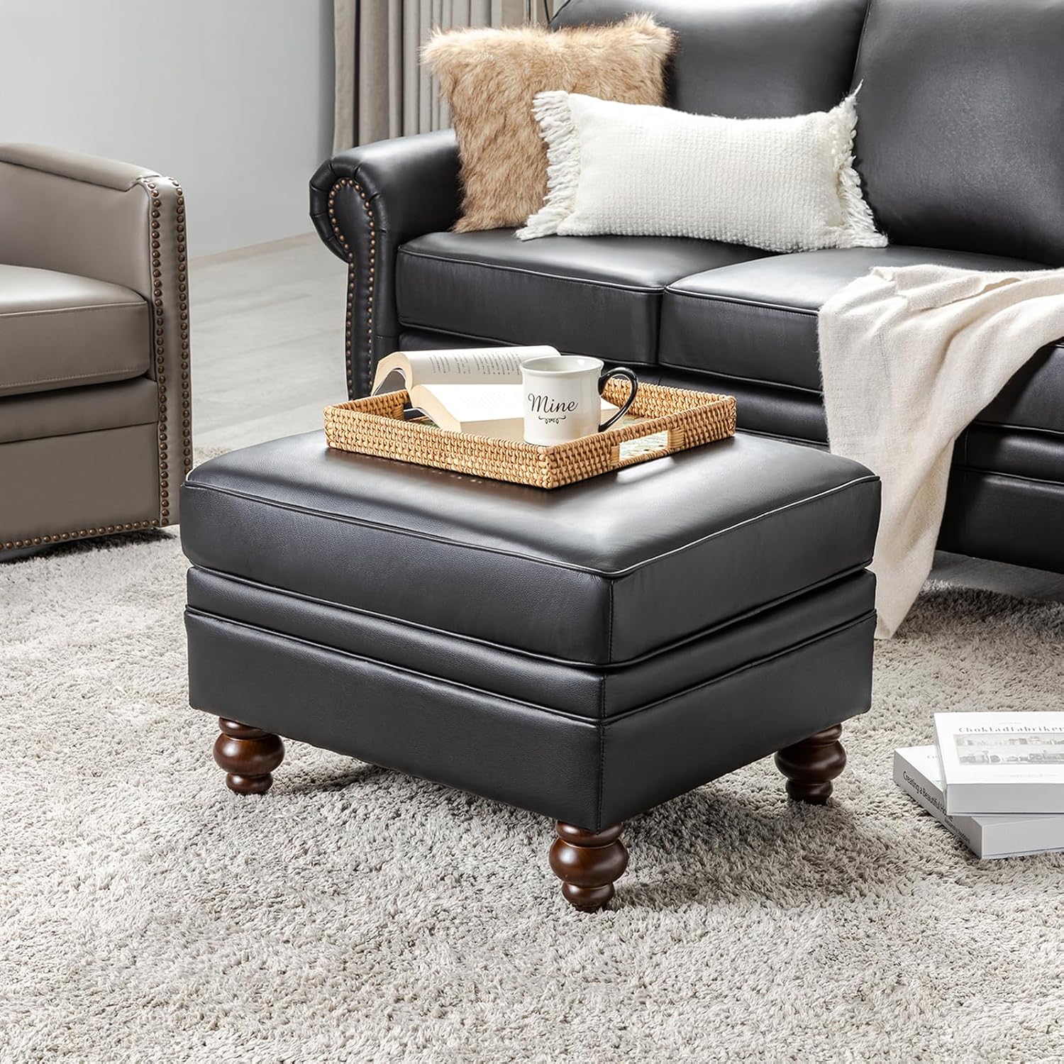 HULALA HOME Genuine Leather Ottoman Coffee Table, Ottoman Foot Rest for Living Room, Black