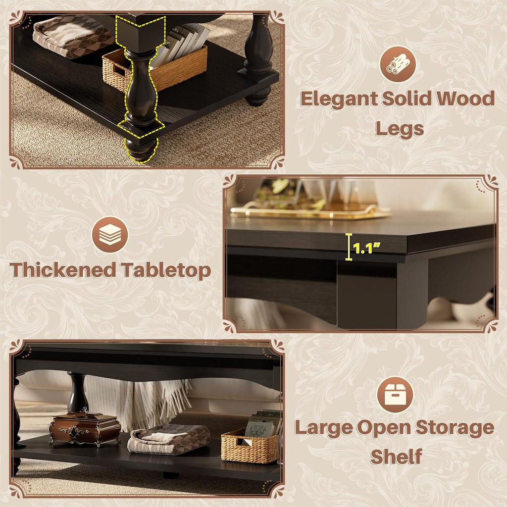 Besiost Farmhouse Coffee Table with Storage, Mid Century Coffee Tables for Living Room, 47 inch Modern 2-Tier Black Coffee Table with Solid Wood Legs, Vintage Living Room Tables