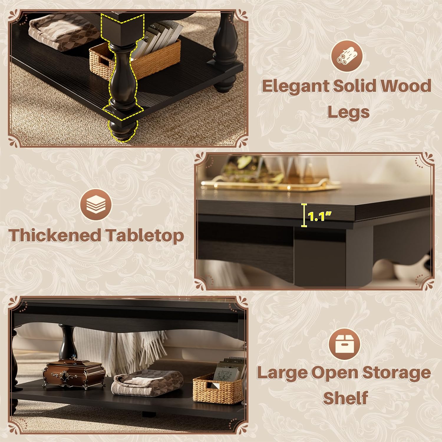 Besiost Farmhouse Coffee Table with Storage, 47 inch Modern 2-Tier Black Coffee Table with Solid Wood Legs, Mid Century Coffee Tables for Living Room
