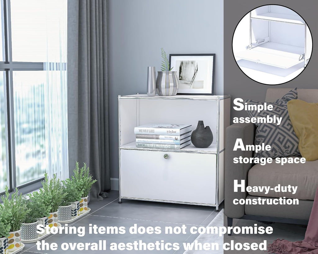 32.5-Inch Flip-Top Storage Cabinet with Detachable Wheels, Metal Side Table and Small Sideboard Cabinet for Living Room, Bedroom, Office, Orange