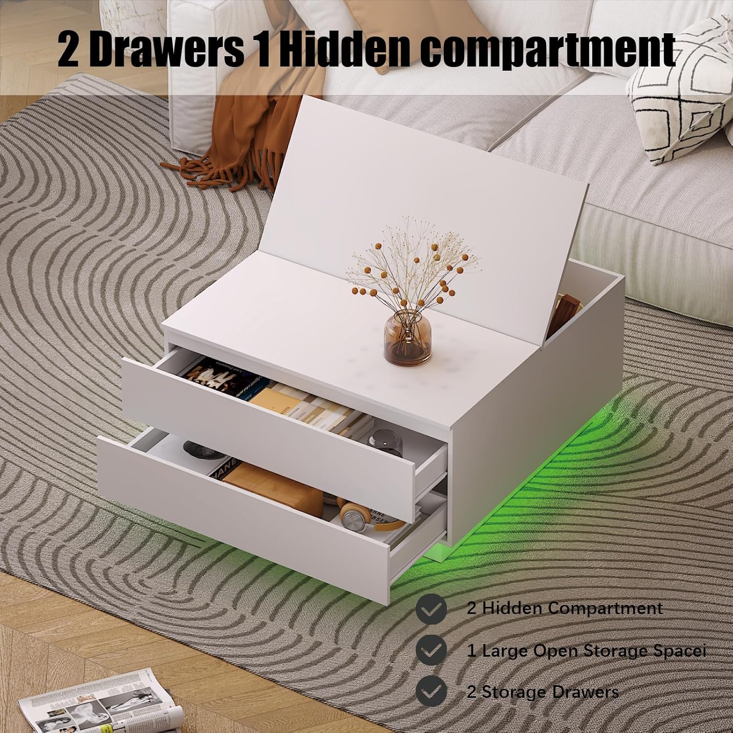 HedoAjim Square Coffee Tables with Storages, Modern White Coffee Table for Living Room, Flip Cover Coffee Tables and 2 Spacious Drawers, Coffee Table with LED Light