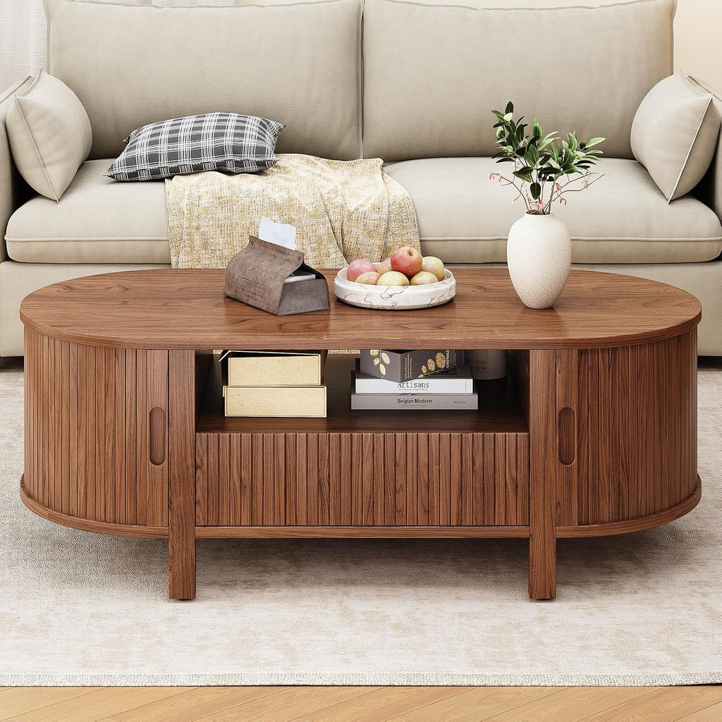 ONBRILL 47.2 Inch Oval Coffee Table with Storage, Mid Century Modern Coffee Table with Drawer, Center Table with Sliding Door and Wood Fluted Handle for Living Room, Walnut