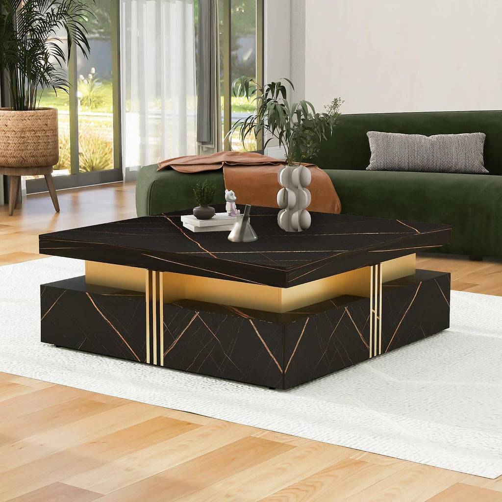 Modern Black Square Storage Coffee Table with 4 Drawers for Living Room
