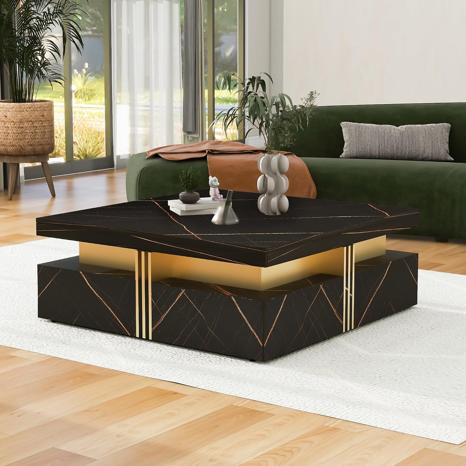 Modern Black Square Storage Coffee Table with 4 Drawers for Living Room