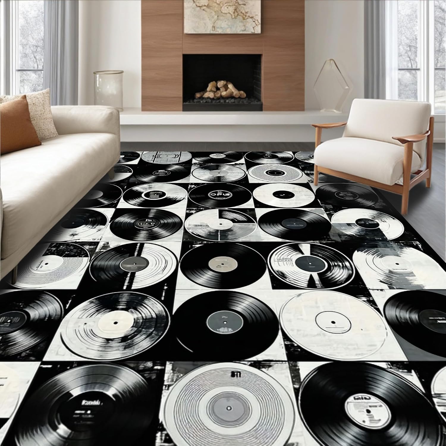 Flatwoven High Traffic Area Rug 8x10, Vinyl Record Inspired with Classic Rock Band Graphics, Non Slip, Stain Resistant, Washable Area Rugs for Living Room, Bedroom (Black, 8x10)