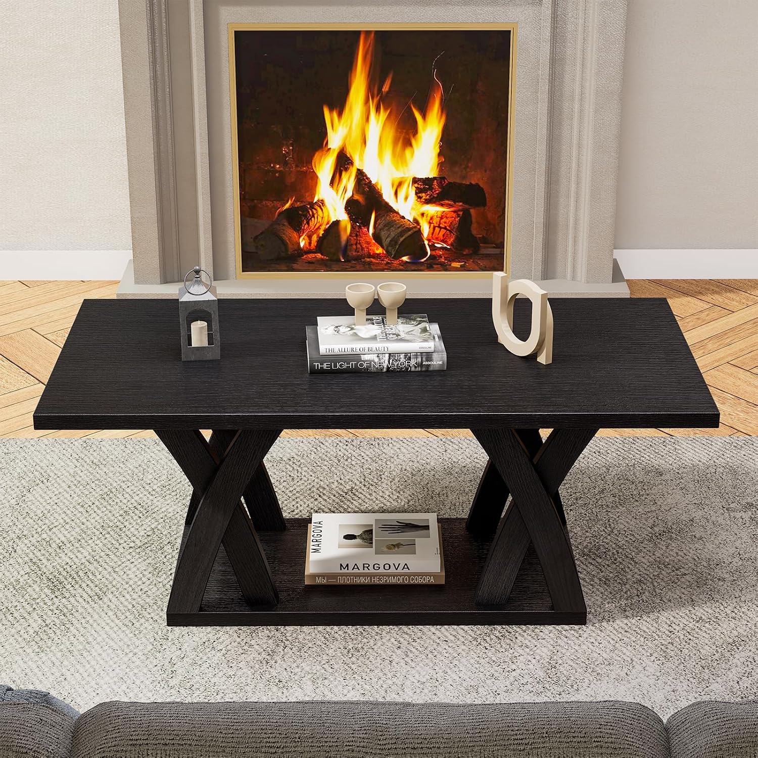 FROMJBEST Farmhouse Coffee Table with Shelf, Mordern CoffeeTable, Black Coffee Table Living Room, Living Room Tables,47' Black with Grey