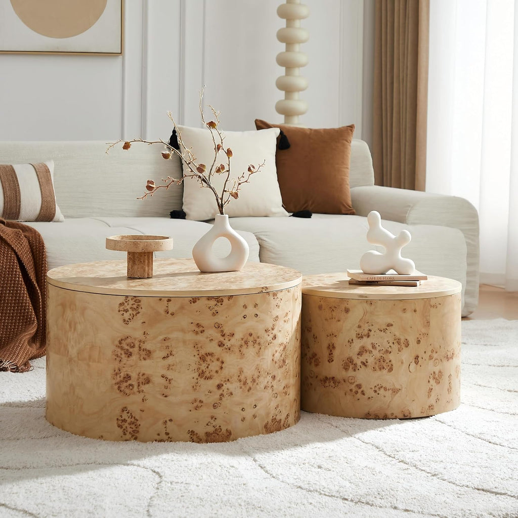 Nesting Coffee Table Set of 2 with Storage,Modern Round Burl Wood Veneer Circle Accent Side Tables for Living Room,Small Space,Bedroom,Balcony,Office,Brown(27.56'+19.69')