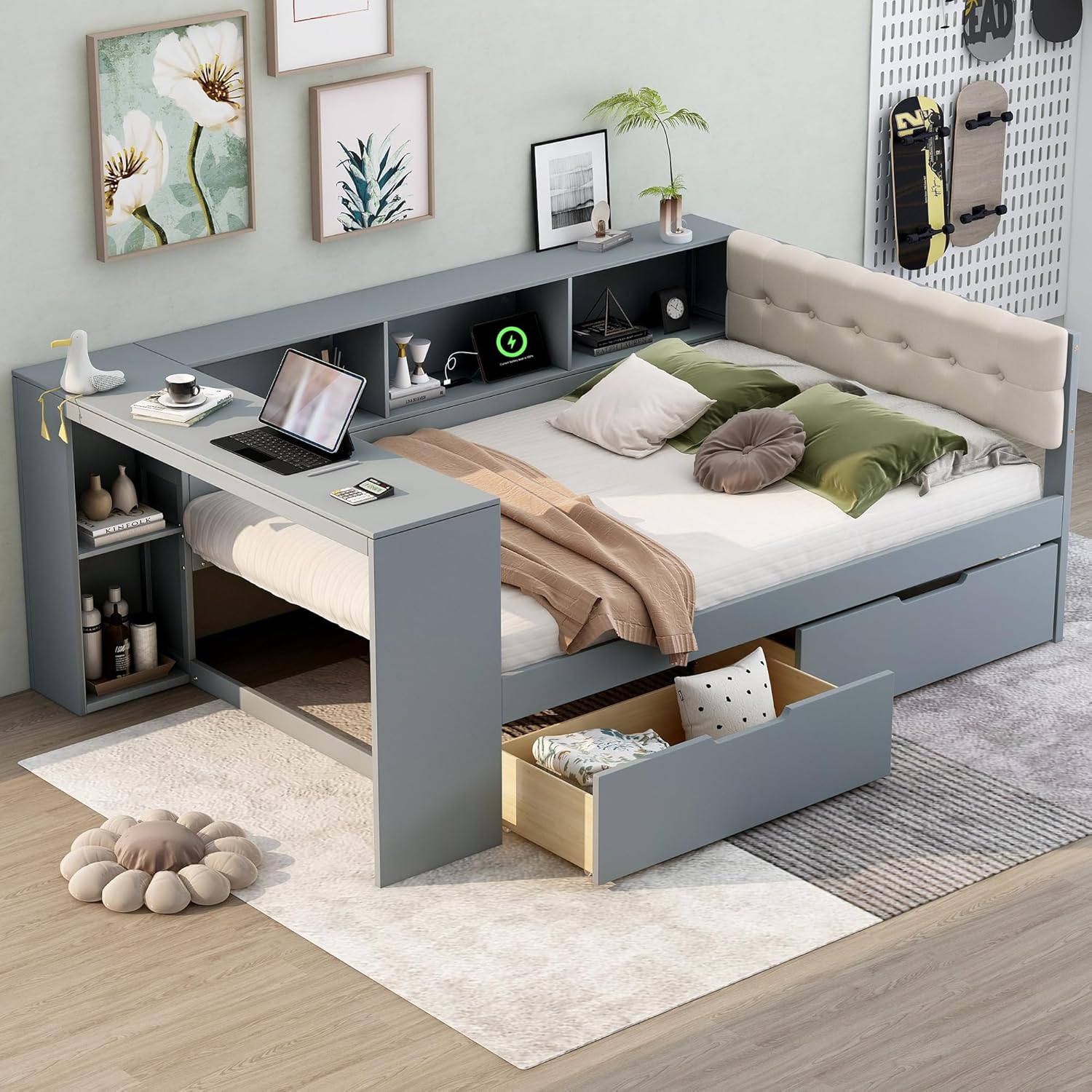 Bellemave Full Size Corner Bed Frame with Storage Drawers and Desk,Captain Daybed with L-Shaped Bookcase,Corner Bed Frame Full Size with Charging Station for Kids,Teens,Guests,Gray