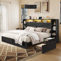AMERLIFE 45'' Farmhouse Queen Bed Frame with 4 Drawers, LED Bed Frame with Bookcase Headboard & Side Shelves, Wood Platform Bed with Charging Station, Black