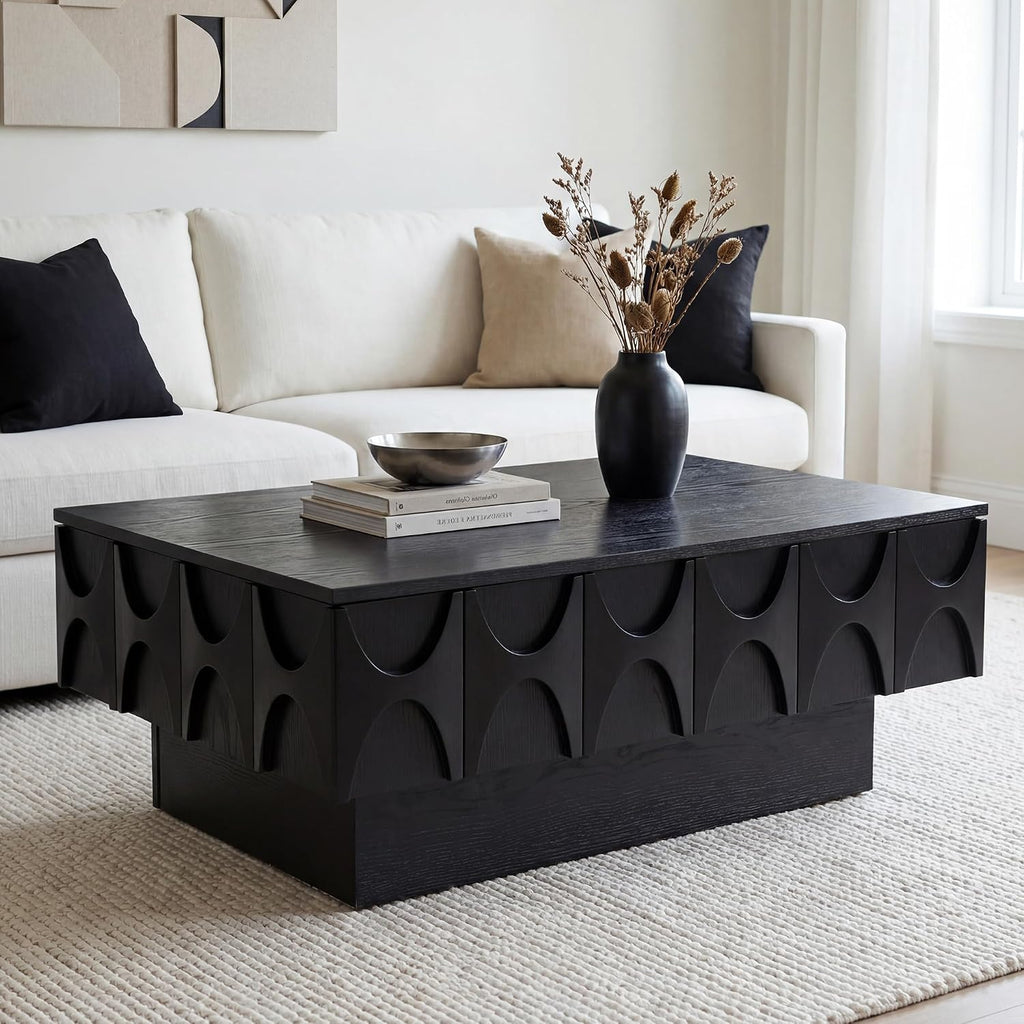 Solid Wood Veneer Coffee Table with Storage & Sliding Top, 38.6' Modern Mid Century Rectangle Center Table for Living Room, Home Office, Black