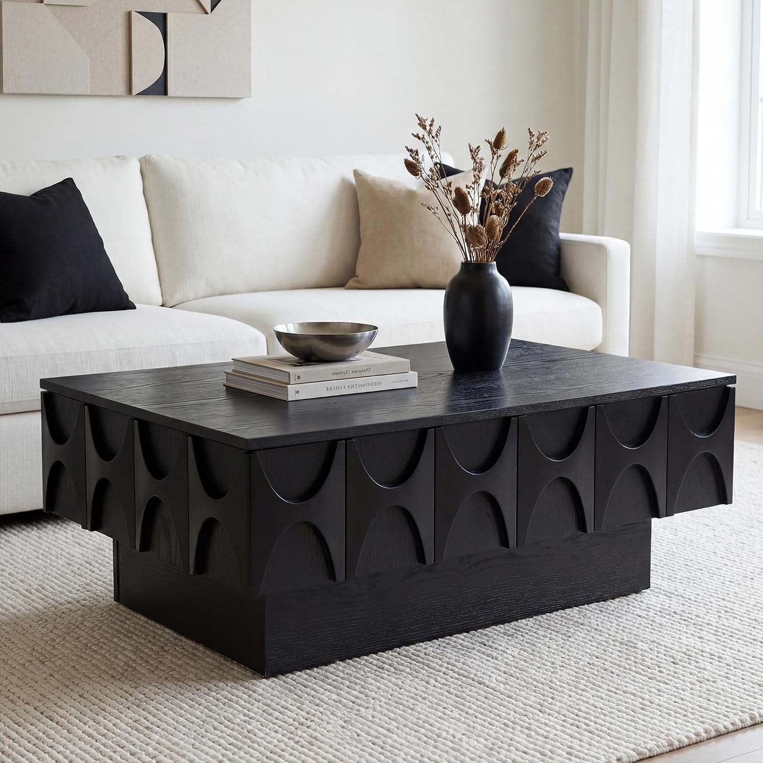 Solid Wood Veneer Coffee Table with Storage & Sliding Top, 38.6' Modern Mid Century Rectangle Center Table for Living Room, Home Office, Black