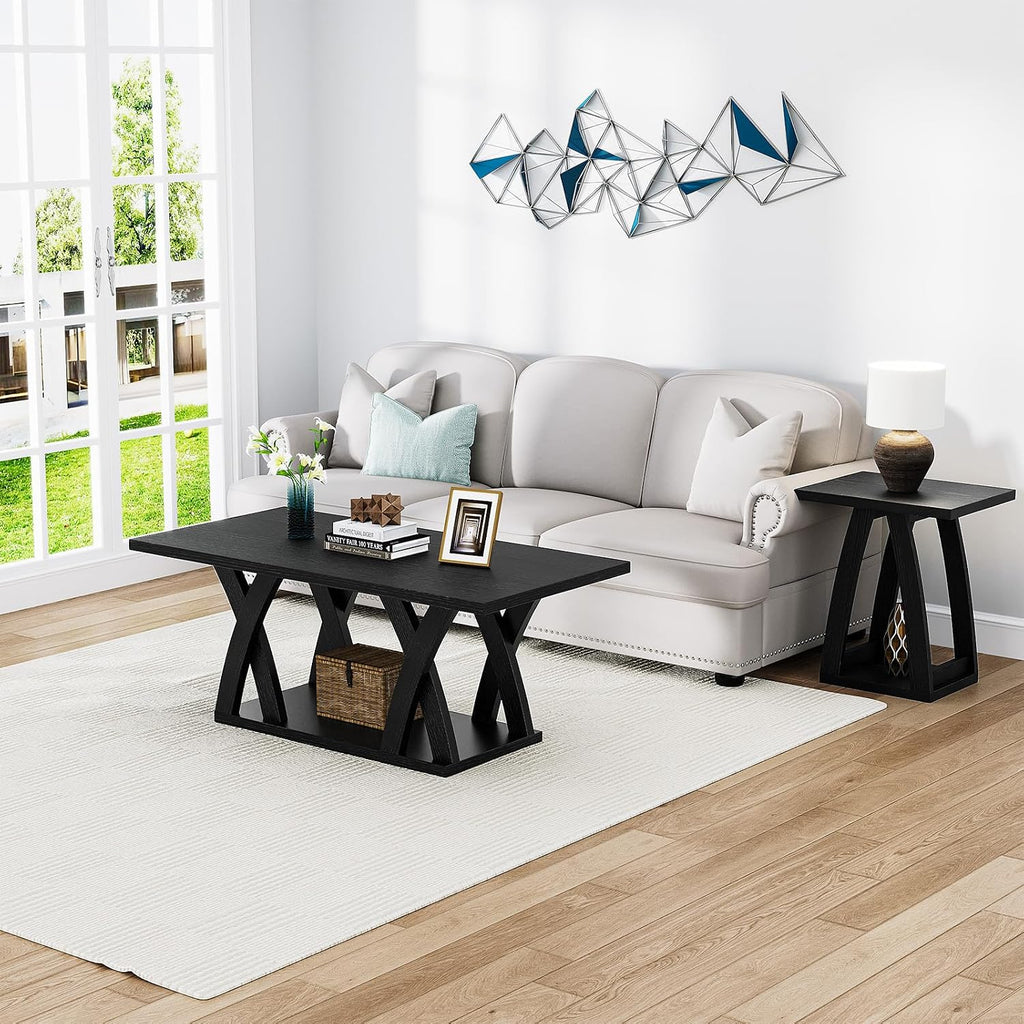 47' Farmhouse Coffee Tables for Living Room Rustic Stands with Storage Shelf Black Coffee Tables for Living Room Farmhouse Center Stands with Shelf Wood Rectangle Center Table
