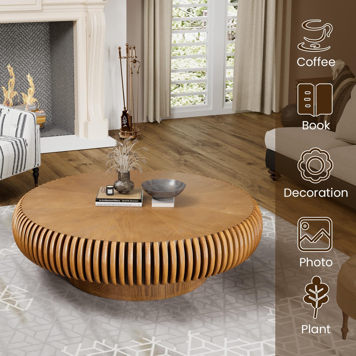 39.3' Drum Coffee Table Modern Unique Fluted Tea Table Contemporary Wood Round Coffee Table with Fluted Centry Table for Living Room Walnut (39.3' Brown)