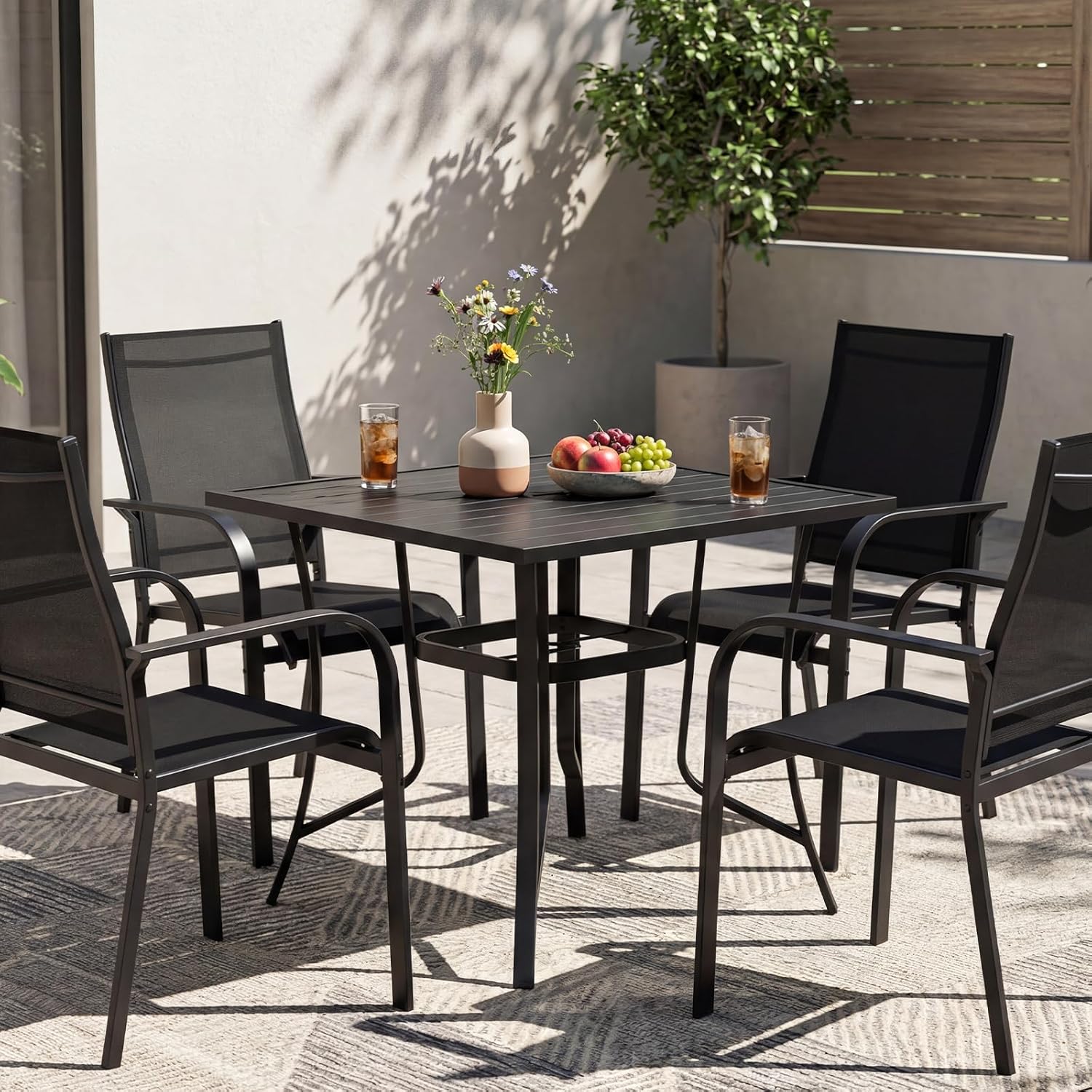 Tangkula 37' Metal Patio Dining Table for 4, Square Heavy Duty Outdoor Dining Table with Umbrella Hole, 4-Person Outside Dining Furniture for Porch, Garden, Balcony and Backyard