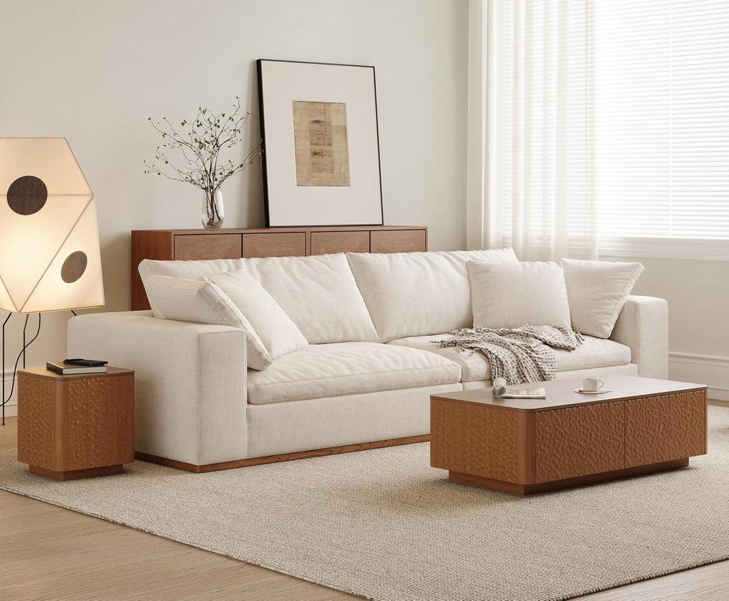 SSLine 47.2' Hammered Wood Coffee Table with 2 Storage Drawers, Modern Rectangle Center Table with Curved Edges & Textured Finish for Living Room Home Office,Brown