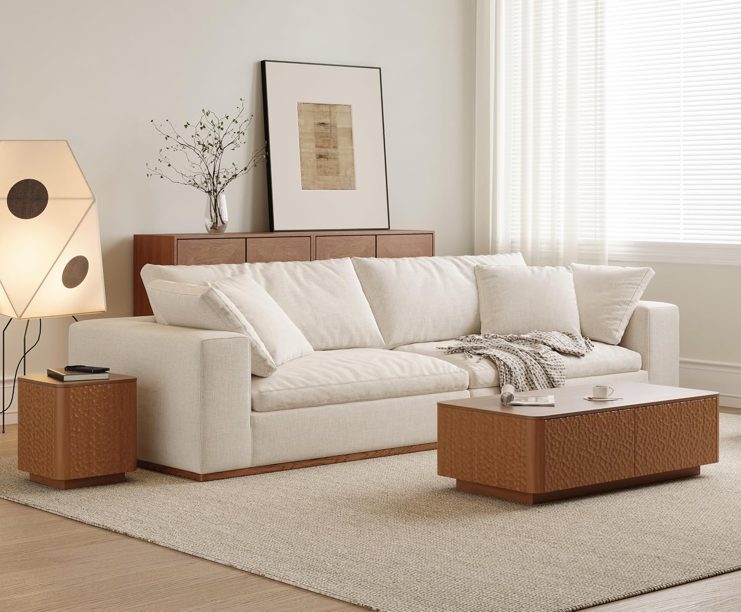 SSLine 47.2' Hammered Wood Coffee Table with 2 Storage Drawers, Modern Rectangle Center Table with Curved Edges & Textured Finish for Living Room Home Office,Brown