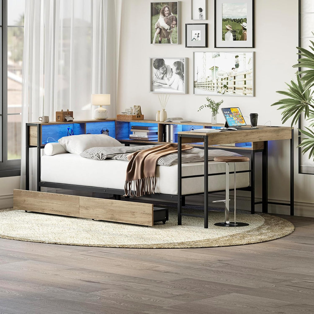 GDFStudio Twin Size Bed Frame with 2 Storage Drawers, Corner Platform Twin Bed with Desk and Bookcase Shelves, LED Light and Charging Station, Metal and Wood Twin Bed Frame, No Box Spring Needed, Grey