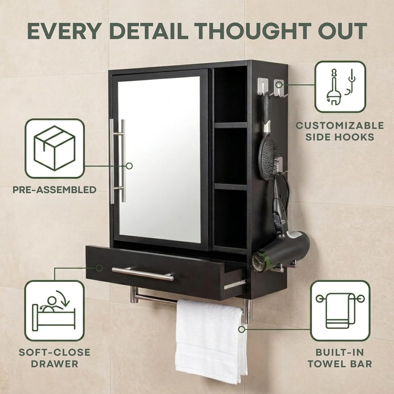 PRE-ASSEMBLED Bathroom Wall Cabinet with Mirror, READY-To-INSTALL Medicine Cabinet, Over the Toilet Storage Cabinet with Storage Shelves, Towel Bar & Hooks for Bathroom, Laundry, Living & Room Kitchen