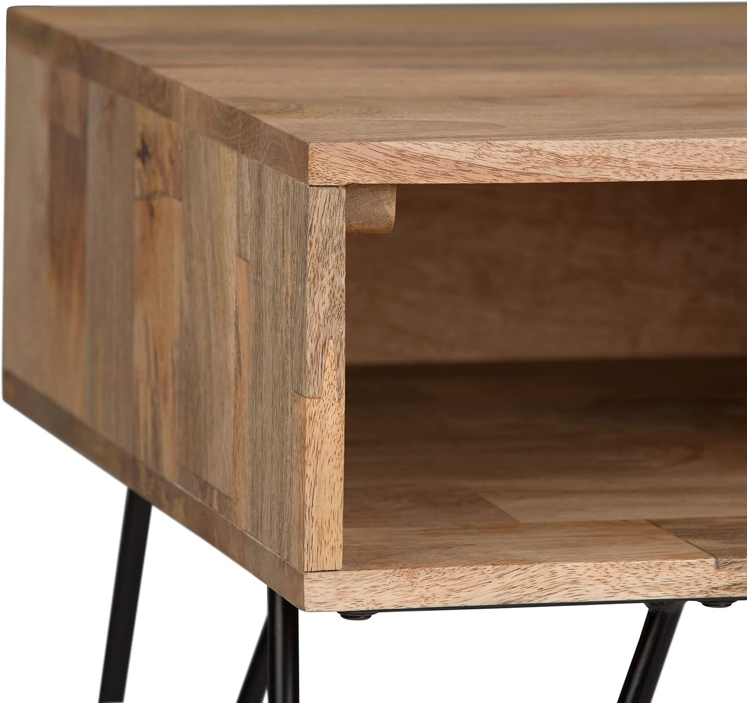 SIMPLIHOME Hunter End Table - 22 inch Wide Solid Mango Wood and Metal Square Accent Table with Open Storage Compartment and Hairpin Legs in Natural, Industrial Nightstand for Living Room or Bedroom