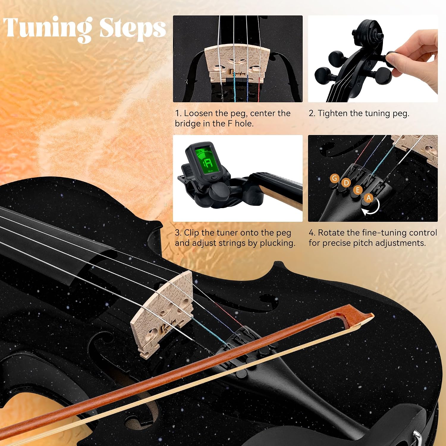 Poseidon 1/4 Violin for Beginner Fiddle Kit, Violin 1/4 Size for Student Stringed Musical Instrument w/Case, Two Strings Set, Two Bows, Two Bridges, Two Rosins, Clip-on Tuner, Manual - Glossy Black