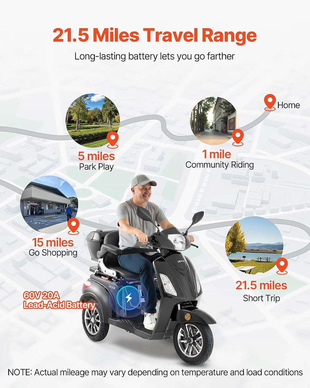 VEVOR Heavy Duty 3-Wheel Mobility Scooters for Seniors & Adults, 500lbs Capacity, 21.5 Miles 3-Speed Long Range, 1000W All Terrain Electric Recreational Scooter Wheelchair, 20° Max Climbing Capacity