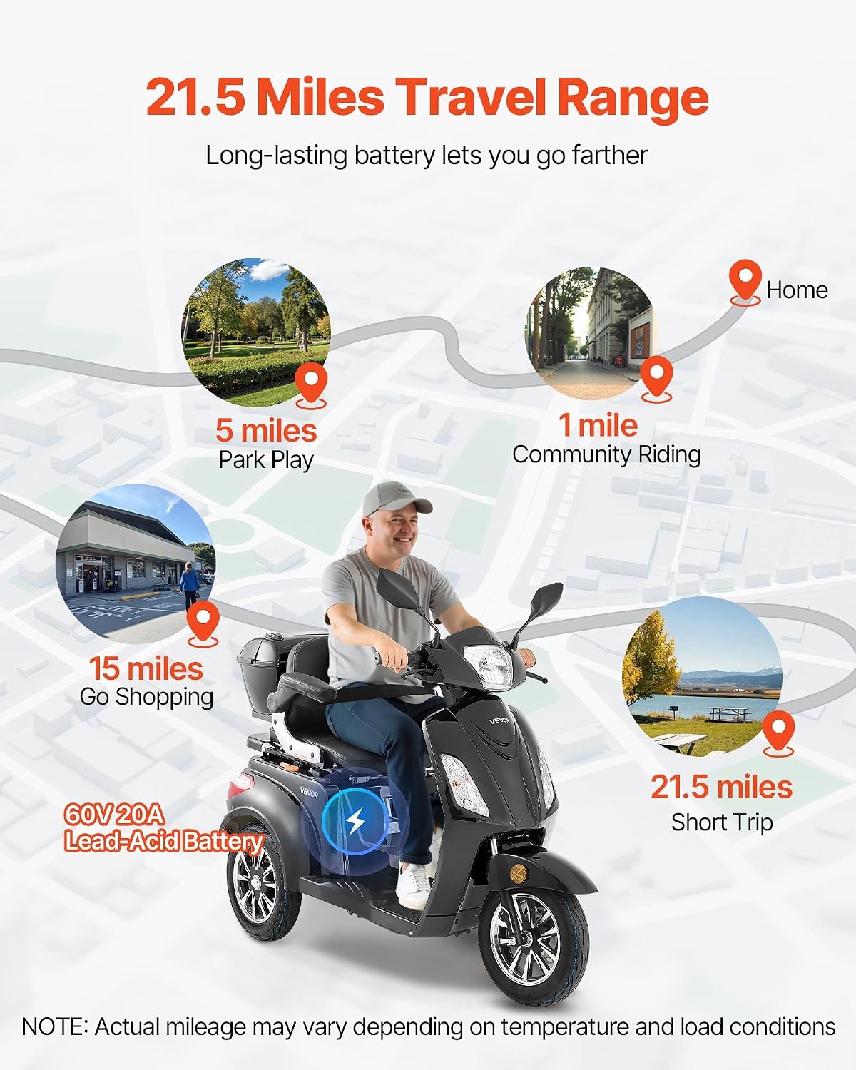 VEVOR Heavy Duty 3-Wheel Mobility Scooters for Seniors & Adults, 500lbs Capacity, 21.5 Miles 3-Speed Long Range, 1000W All Terrain Electric Recreational Scooter Wheelchair, 20° Max Climbing Capacity