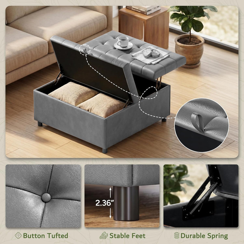 LINLUX Extra Large Leather Storage Ottoman, 35.5 Inch Large Square Lift Top Ottoman Coffee Table with Storage, Tufted Leather Ottoman Footrest Toy Box for Living Room，Bedroom