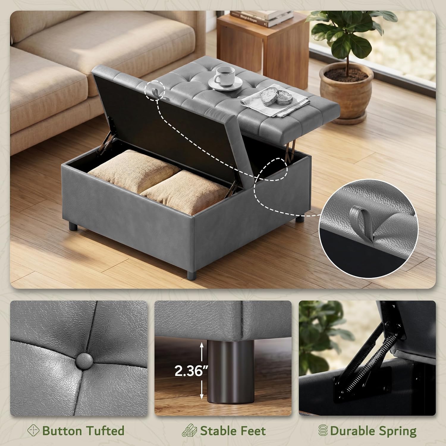 LINLUX Extra Large Leather Storage Ottoman, 35.5 Inch Large Square Lift Top Ottoman Coffee Table with Storage, Tufted Leather Ottoman Footrest Toy Box for Living Room，Bedroom