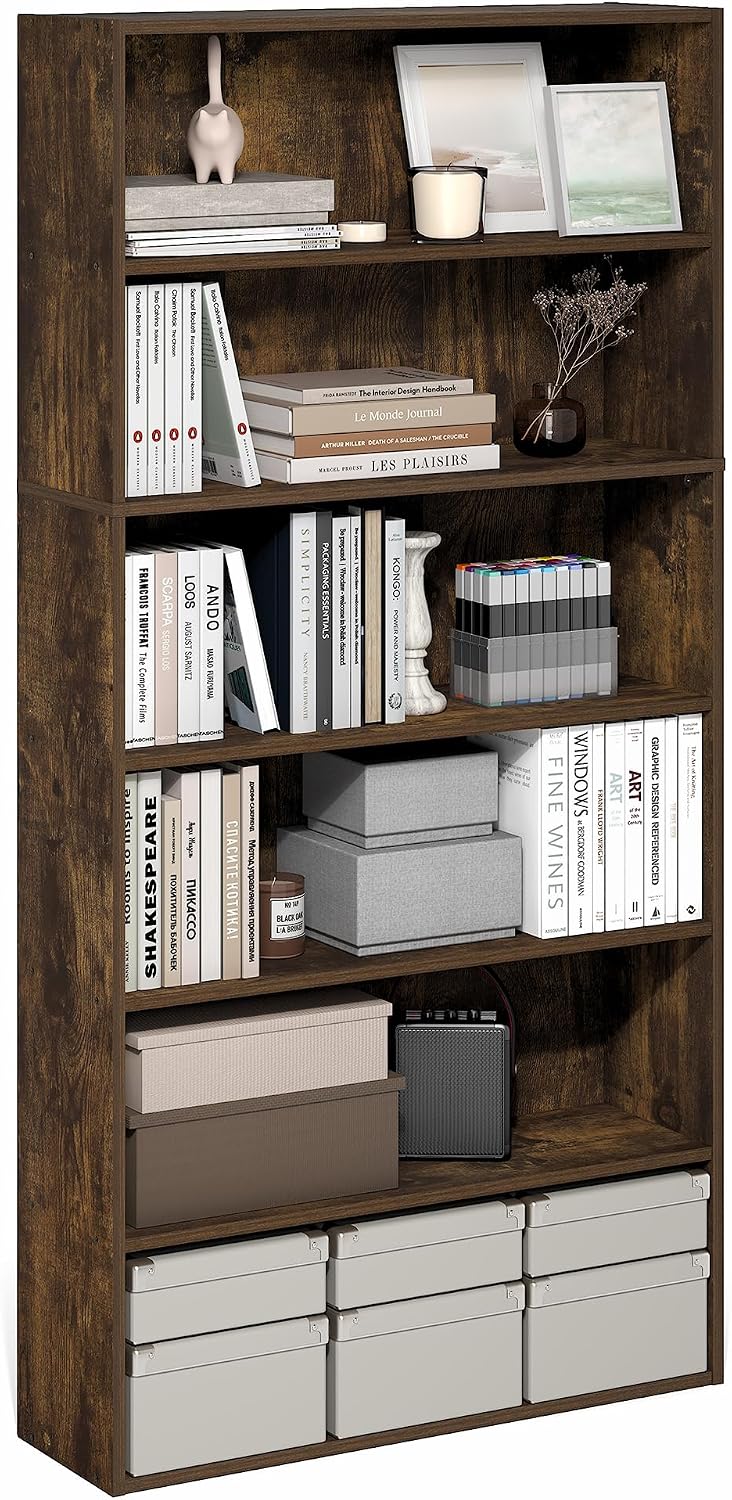 Furinno PASIR Book Shelf, 6-Tier Bookshelf with Open Storage Shelf, Standing Bookcase, 9.4 x 31.5 x 63, Easy Assembly, for Home Office, Bedroom, Living Room, Amber Pine