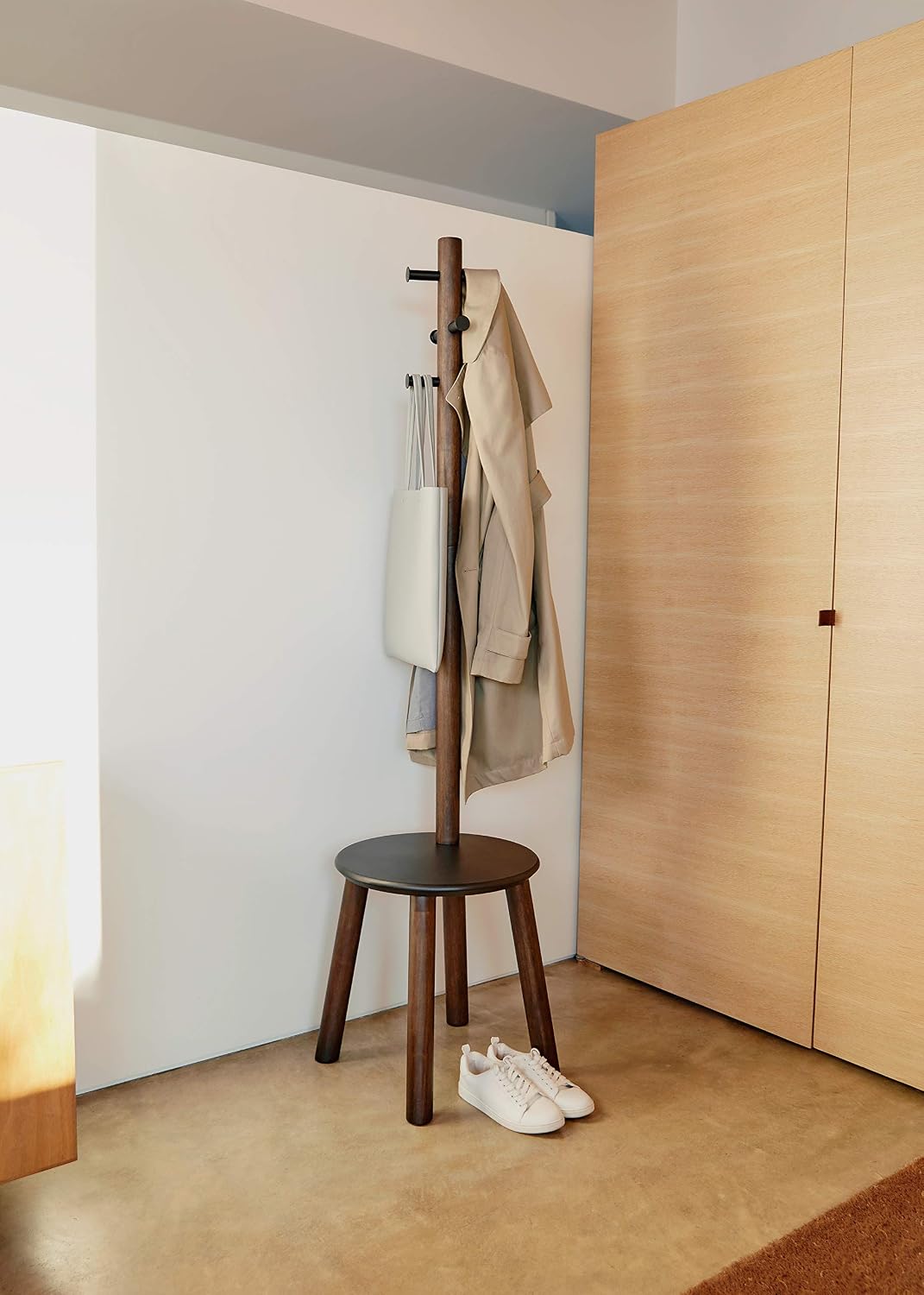 Umbra Pillar Coat Rack, Stool, Clothing Organizer, Umbrella Holder and Hat Organizer, Great for Entryway, Black/Walnut