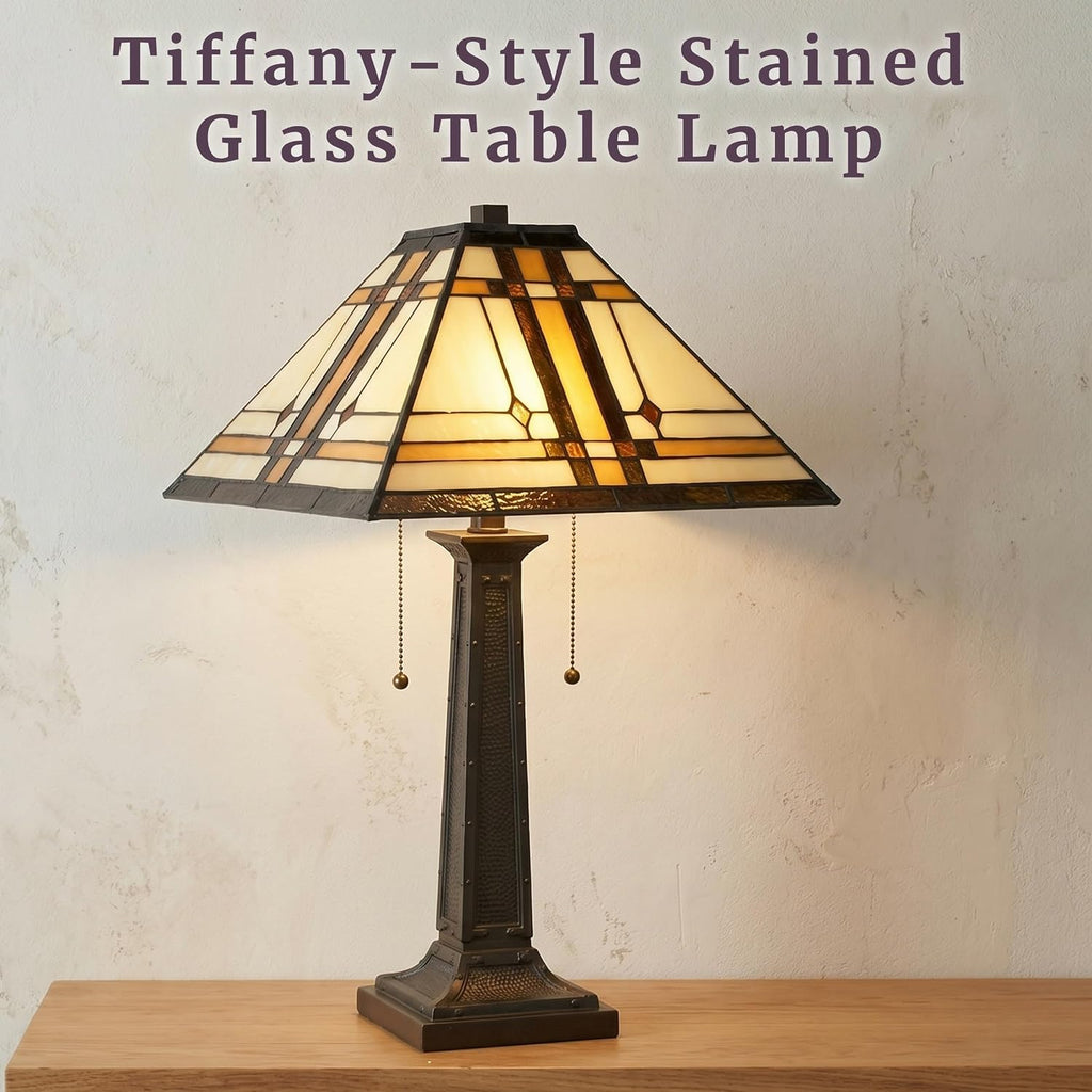 Lavish Home Tiffany-Style Table Lamp – Mission-Design Art Glass Lighting with 2 LED Bulbs Included – Vintage-Look Handcrafted Room Décor