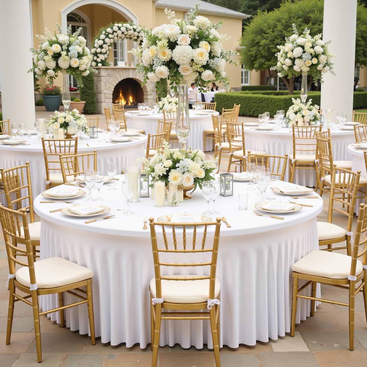 leegleri 12 Pack White Spandex Round Tablecloths - 60 inch, Stretchy 120 inch Fitted 5FT Round Table Cloths with Wrinkle Free Skirt for Wedding Party Dining Banquet