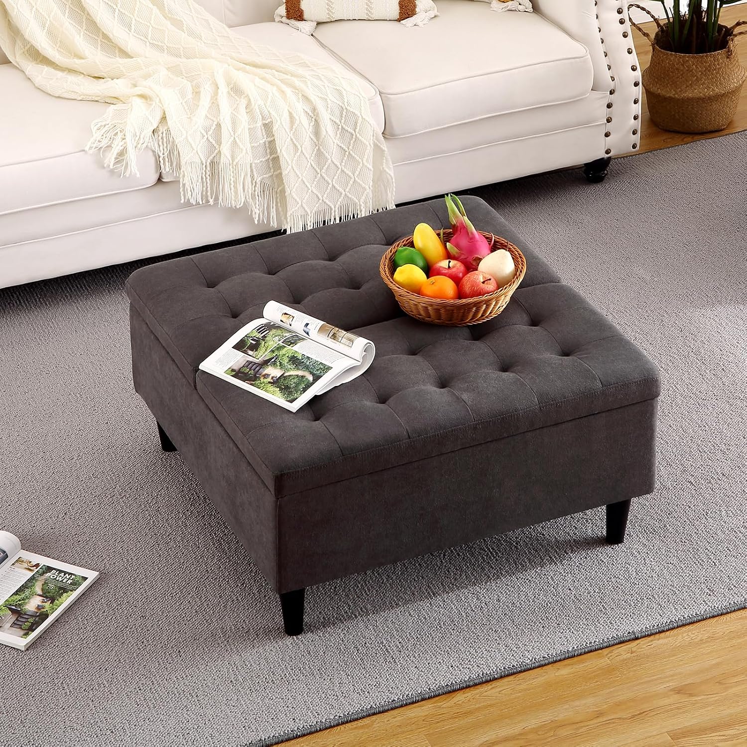 GAOMON 33' Square Coffee Table Lift Top Ottoman in Upholstered, Tufted Ottoman With Storage, Oversized Toy Box for Living Room