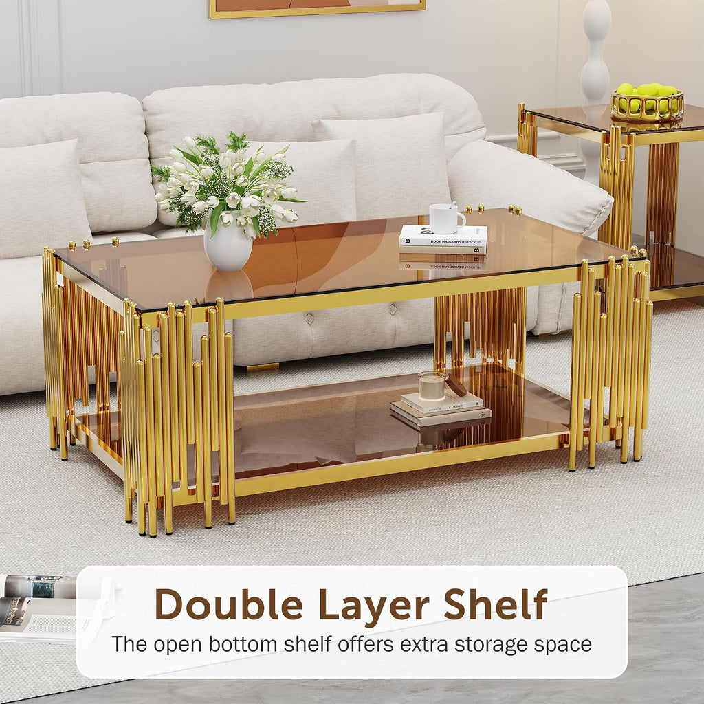 Brown Glass Coffee Table Modern Gold Living Room Table Luxury Stainless Steel Metal Leg 43' Rectangular Tempered Glass Center Tables for Home Office