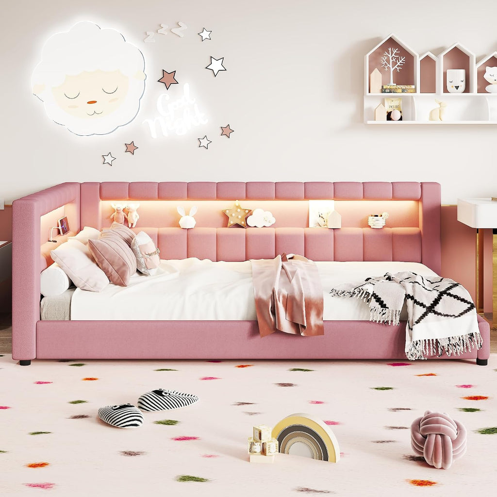 Upholstered Twin XL Size Daybed with LED and USB Ports, L-Shaped Corner Day Bed with Storage Shelves Headboard,Space Saving for Girls Adults Kids Boys, Pink