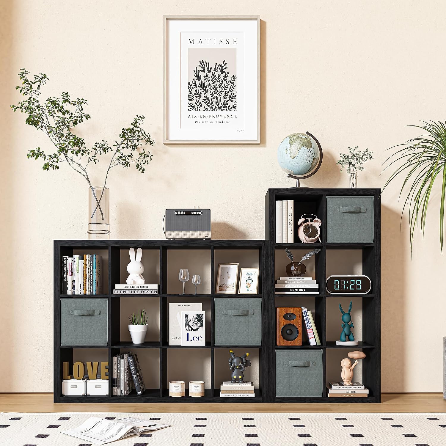 furtble Bookshelf with Storage Bins, 8-Cube Storage Organizer, Modern Black Bookshelf for Bedroom, Multifunctional Display Cube Bookshelves for Living Room, Bedroom, Home Office