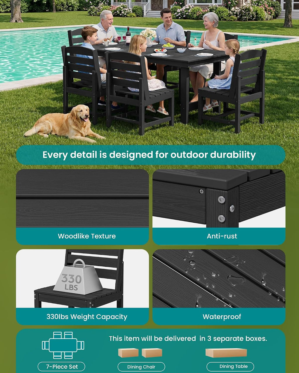 SERWALL Patio Dining Sets for 6 Person, HDPE Dining Set with 6 Armless Chairs, Black