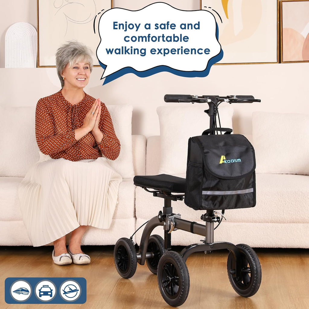 Foldable All Terrain Knee Scooter for Adults Foot Surgery Adjustable Height | 300lb Capacity, 21lb Lightweight, 10' Front & 8' Rear Wheel, Dual Brake, for Foot Injuries Compact Crutch Alternative, Grey