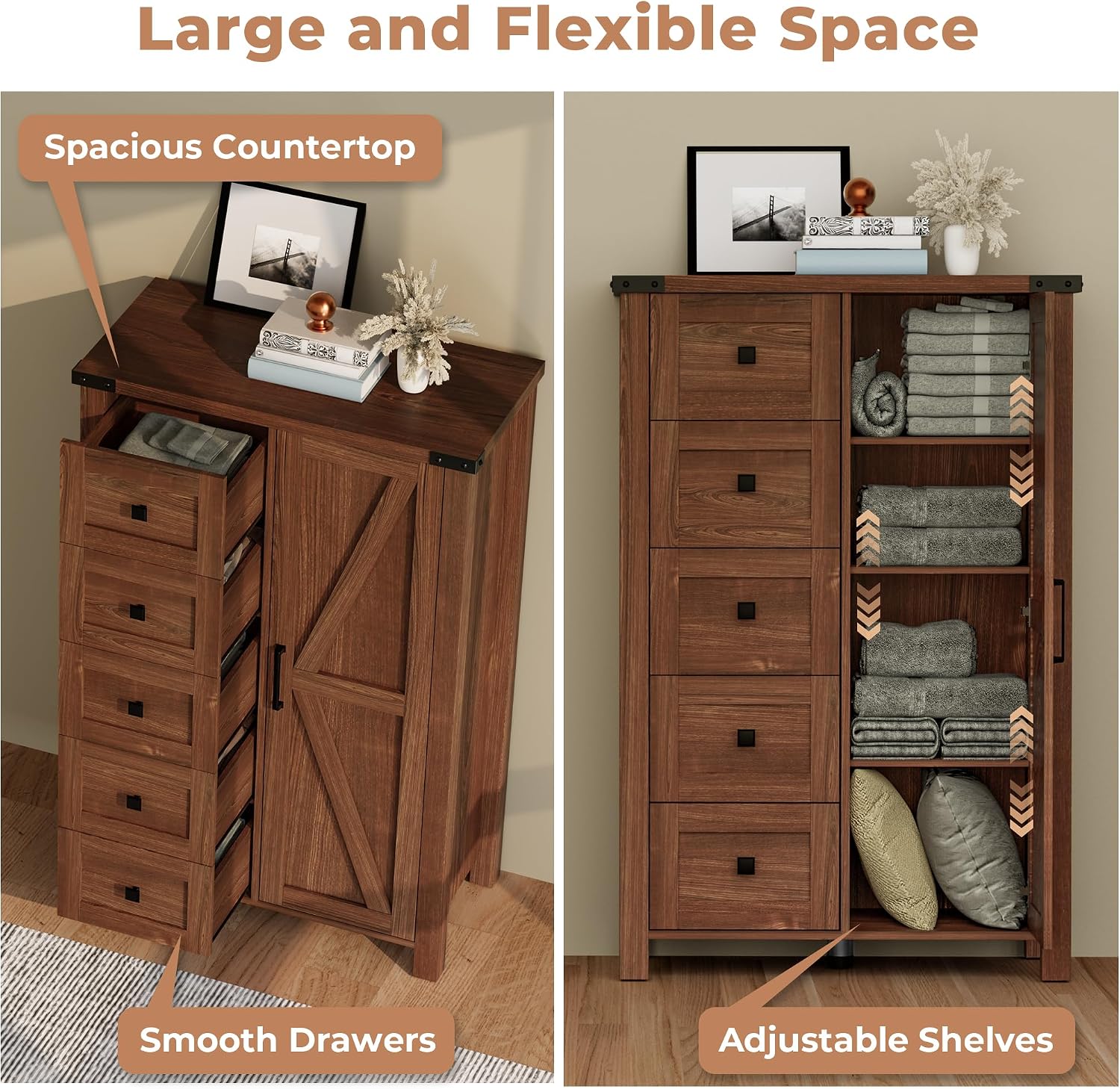VVFLU Farmhouse 48 Inch Tall Dresser Chest of Drawer for Bedroom, 5 Drawer Storage Cabinet with Barn Door, Adjustable Shelves, Rustic, for Living Room, Entryway, Hallway, Cherry Wood